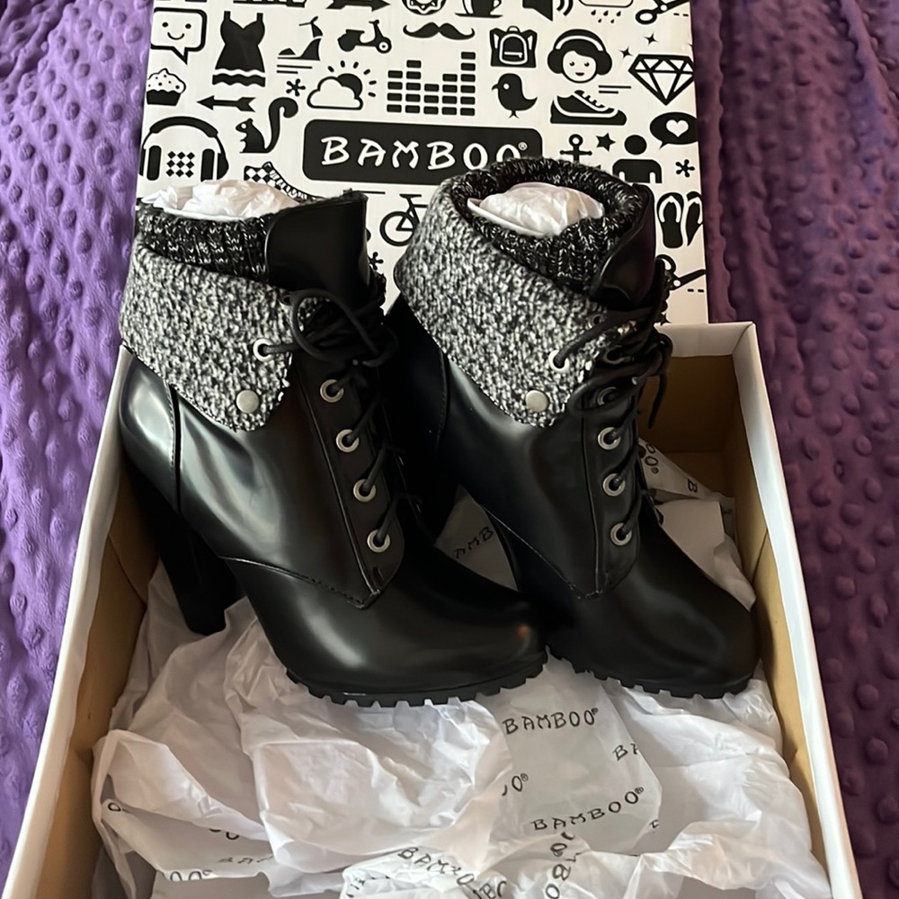 Black patent leather wool lined boots